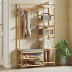 Coat rack with shoe shelf, clothes hooks, coat stand, bench with cushion, for hall, entryway, natural wood