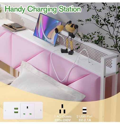 King Size Bed Frame 150x200cm, Floating Upholstered Platform Bed with LED Lights & USB Charging, 5ft Heavy Duty Metal Bed Frame with Headboard Storage, Noise-Free, No Box Spring Needed, Pink