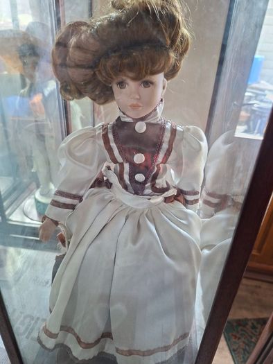 Collector's Porcelain Doll, In A very Large Mahogany Display Case, PRICE IS FOR 1 ONLY these came from a Pub contents,