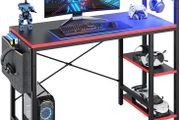 113CM Reversible Corner Gaming Desk with RGB LED Lights Black Carbon Fibre Surface Storage Shelves Side Pocket Hooks Compact Computer for Small Spaces Home Office