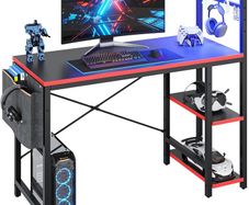 113CM Reversible Corner Gaming Desk with RGB LED Lights Black Carbon Fibre Surface Storage Shelves Side Pocket Hooks Compact Computer for Small Spaces Home Office
