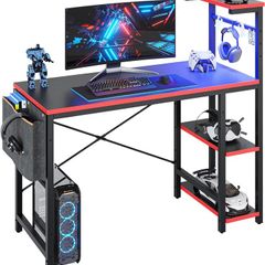 113CM Reversible Corner Gaming Desk with RGB LED Lights Black Carbon Fibre Surface Storage Shelves Side Pocket Hooks Compact Computer for Small Spaces Home Office