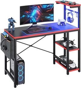 113CM Reversible Corner Gaming Desk with RGB LED Lights Black Carbon Fibre Surface Storage Shelves Side Pocket Hooks Compact Computer for Small Spaces Home Office
