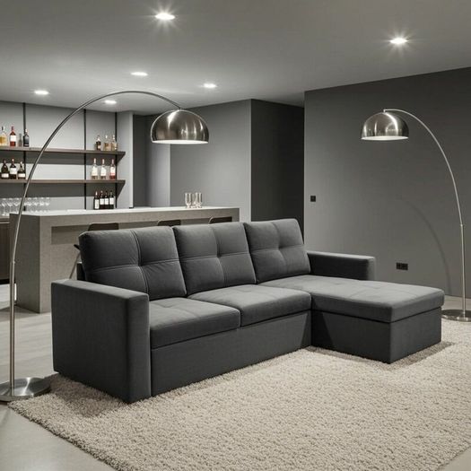 Grey velvet Corner Sofa Bed with Storage