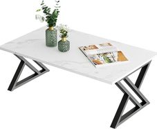Coffee Table, Living Room Table, Center Tea Tables, Rectangular Tea Tables, End Sidetable with Black Metal Frame for Living Room Bedroom Office, Modern Open Design, 39.3 x 18.9 x 17.7 IN, White/Black
