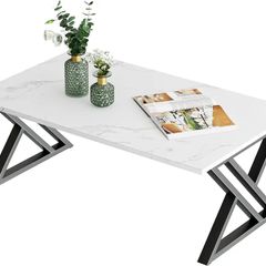 Coffee Table, Living Room Table, Center Tea Tables, Rectangular Tea Tables, End Sidetable with Black Metal Frame for Living Room Bedroom Office, Modern Open Design, 39.3 x 18.9 x 17.7 IN, White/Black