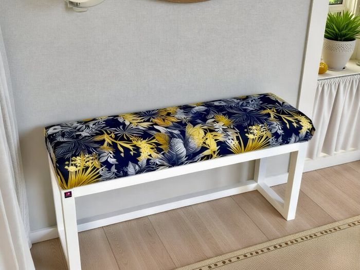 Wooden Bench Navy Tropical Velvet with White Painted Frame