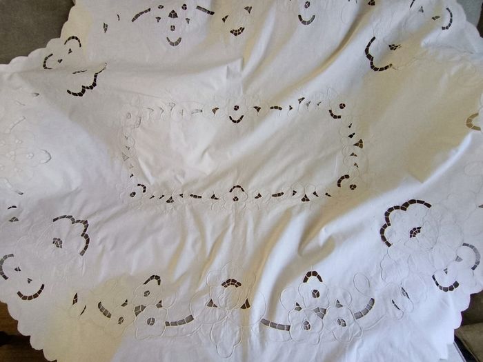 Vintage Cutwork Embroidery Cotton Tablecloth Oval 125cm x 170cm with stitched sewn edges in excellent condition with no issues FREE STANDARD POSTAGE INCLUDED