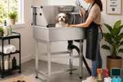 86.4cm Stainless Steel Dog Washing Station Pet Grooming Tub with Hot and Cold Faucet and Storage Rack