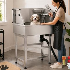 86.4cm Stainless Steel Dog Washing Station Pet Grooming Tub with Hot and Cold Faucet and Storage Rack