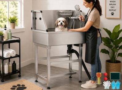 86.4cm Stainless Steel Dog Washing Station Pet Grooming Tub with Hot and Cold Faucet and Storage Rack