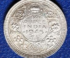 Excellent 1945 Bombay India - British  1/4 Rupee - George VI Silver coin