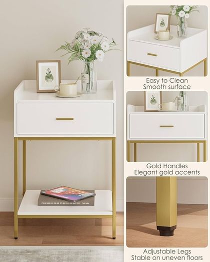 Bedside Table, 3-Tier Bedside Cabinet with Storage Drawer and Open Shelf, Small End Side Table with Gold Legs for Bedroom, Living Room, White Large