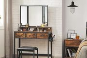 Industrial Dressing Table with Mirror and Stool, Vanity Table with Tri-Fold Mirror, 3 Drawers, Hair Dryer Holder, Makeup Desk