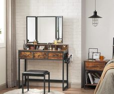 Industrial Dressing Table with Mirror and Stool, Vanity Table with Tri-Fold Mirror, 3 Drawers, Hair Dryer Holder, Makeup Desk
