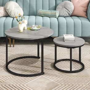 Round Coffee Table, Set of 2 Nesting Table Side Table, for Living Room/Bedroom/Balcony (Grey, Dia 60/40cm)