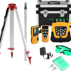 Rotary Laser Level Kit, 360 Degree Automatic Self Leveling Green Beam Horizontal Laser Transit, with Aluminum Tripod & Grade Rod, 500m