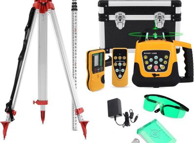 Rotary Laser Level Kit, 360 Degree Automatic Self Leveling Green Beam Horizontal Laser Transit, with Aluminum Tripod & Grade Rod, 500m