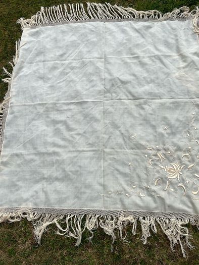 Antique Silk twill cream shawl embroidered deep fringe