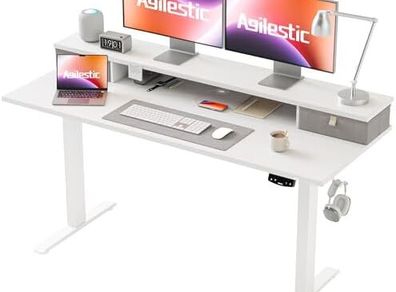 Adjustable Height Desk with 2 Drawers, 140 x 60 cm, Stable Electric Sit-Stand Desk, Ergonomic Computer Desk, White