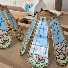 Pair of Vintage Glass Panel Pink Gold Blue Tulips Lamp Shades.