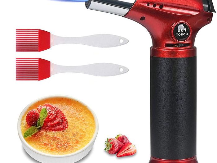 Blow Torch, Kitchen Torch, Refillable Butane Gas Torch Lighter with Safety Lock, Adjustable Flame with 2 Brush for Cooking, BBQ, Pastries, Soldering (Butane Gas Not Included) RED