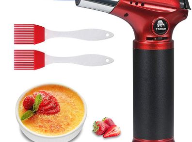 Blow Torch, Kitchen Torch, Refillable Butane Gas Torch Lighter with Safety Lock, Adjustable Flame with 2 Brush for Cooking, BBQ, Pastries, Soldering (Butane Gas Not Included) RED