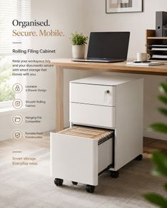 Rolling Filing Cabinet with Lock  3 Drawer Mobile Office Cabinet on Castors White or Black