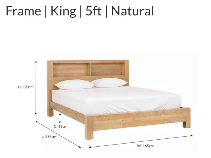 Solid wood king size bed with in built shelves at back