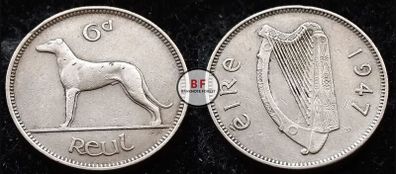 [#142] - Ireland 1947 | Irish 6d | Six Pence | Wolfhound | KM.13a