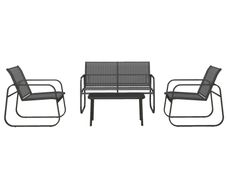4-Piece Garden Set, 2 Armchairs, 2-Seater Sofa, Glass-Topped Table, Breathable Fabric, Steel Frame, Black