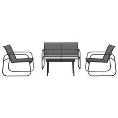 4-Piece Garden Set, 2 Armchairs, 2-Seater Sofa, Glass-Topped Table, Breathable Fabric, Steel Frame, Black