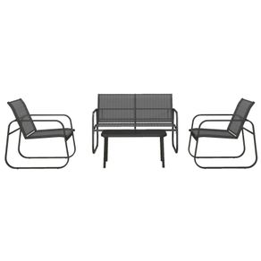 4-Piece Garden Set, 2 Armchairs, 2-Seater Sofa, Glass-Topped Table, Breathable Fabric, Steel Frame, Black