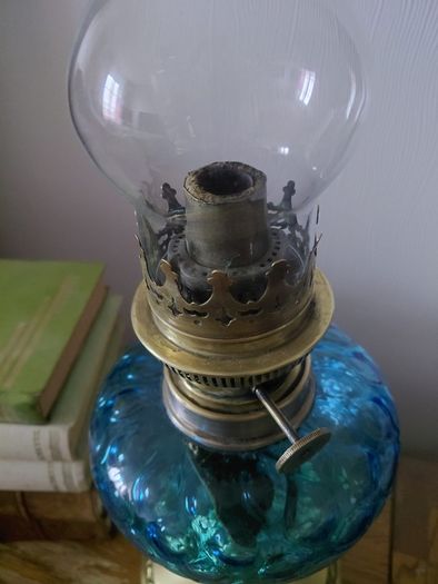 vintage French blue glass oil lamp works