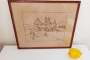 Vintage embroidered two Scottie dogs picture in a wooden glazed frame  35x29 cm