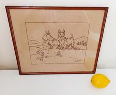 Vintage embroidered two Scottie dogs picture in a wooden glazed frame  35x29 cm
