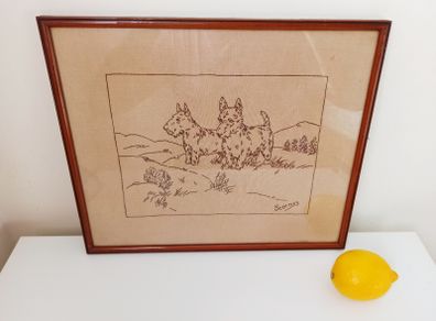 Vintage embroidered two Scottie dogs picture in a wooden glazed frame  35x29 cm