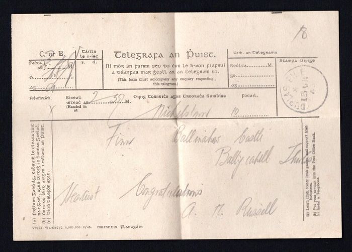 1943 Ireland 13th July Thurles (Durlas Eile handstamp on Telegram), Co. Tipperary Telegram Envelope and Contents