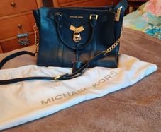 Michael Kors Nouveau Hamilton Medium Zip Satchel Crossbody Navy Faux leather