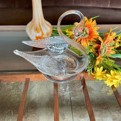 Large Vintage Cut Crystal Swan Candy Bowl Trinket Dish Clear Glass