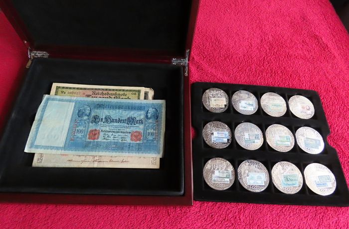 Antique German banknotes & commemorative bank note coins in wood case