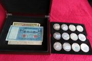 Antique German banknotes &amp; commemorative bank note coins in wood case