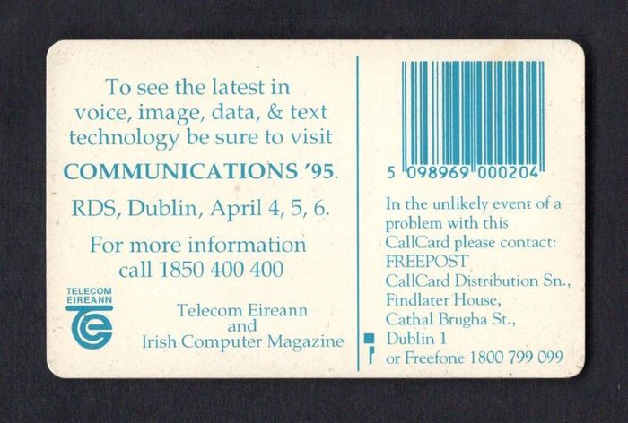 1995 Ireland 20 unit Communications 1995 expo at the RDS, Dublin (Schlumberger SC7) Call Card Used. Telecom Eireann card number 1086