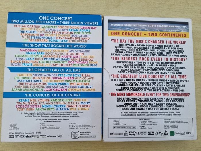 Official DVD releases of two historic charity concerts: Live 8  (2005) and Live Aid (1985)