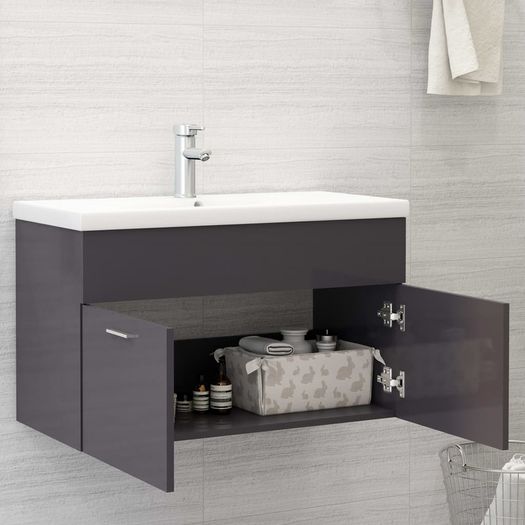 Sink Cabinet with Built-in Basin High Gloss Grey Chipboard