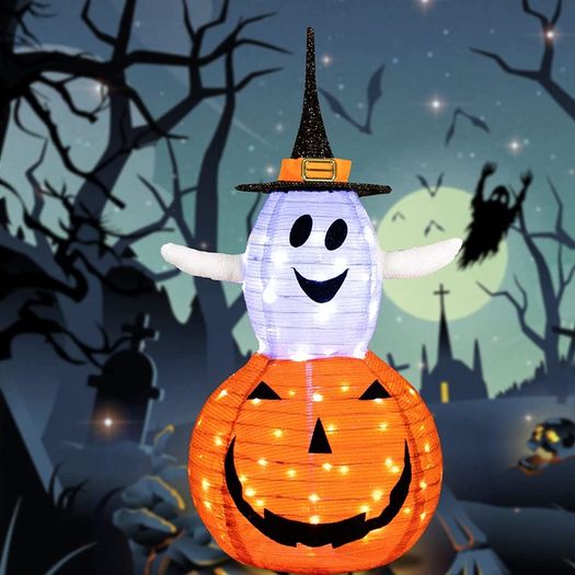 Halloween Pumpkin decorations Light, Foldable Ghost Pumpkin Halloween Decorations Outdoor with 8 Light Modes, Battery Operated Jack O Lantern for Yard Holiday Party Decor