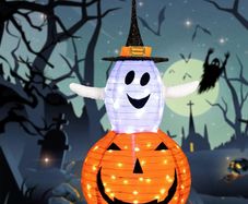 Halloween Pumpkin decorations Light, Foldable Ghost Pumpkin Halloween Decorations Outdoor with 8 Light Modes, Battery Operated Jack O Lantern for Yard Holiday Party Decor