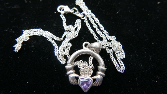 Vintage Amethyst Claddagh Irish Symbol, 925 Sterling Silver Heart Crown and Hands; 925 Irish Symbol Pendant Necklace with Amethyst 18"
