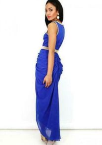 Virgos Lounge Blue Gold Party Occasion Bridesmaid Wedding Prom Maxi Dress Size 8 36