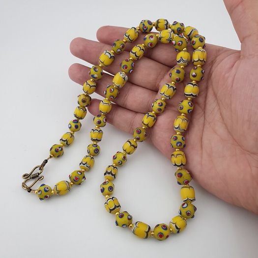 Antique Venetian Style Yellow Skunk & Trade Glass Beads Necklace